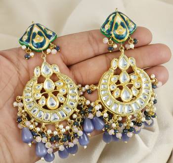 Blue Sapphire Pearl Polki Meena Jhumka Earrings Jewelry 3