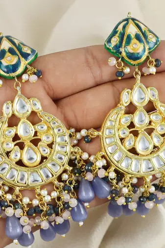 Blue Sapphire Pearl Polki Meena Jhumka Earrings Jewelry