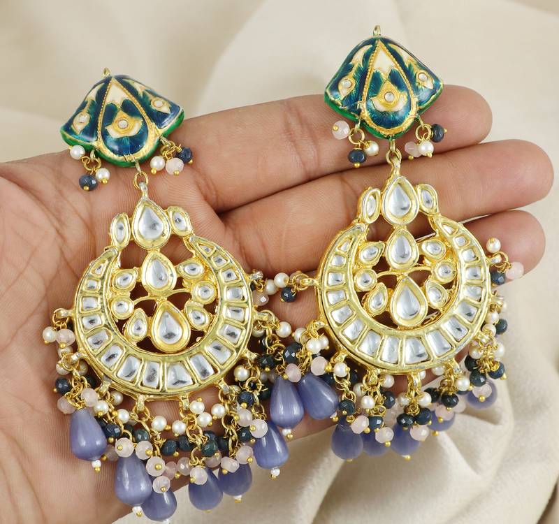 Blue Sapphire Pearl Polki Meena Jhumka Earrings Jewelry