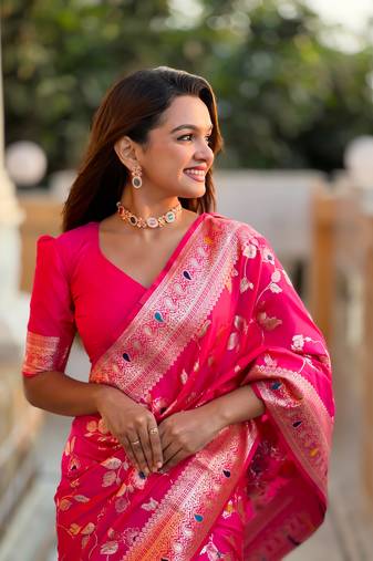 Rani Pink Banarasi Art Silk Saree With Zari Weaving Design