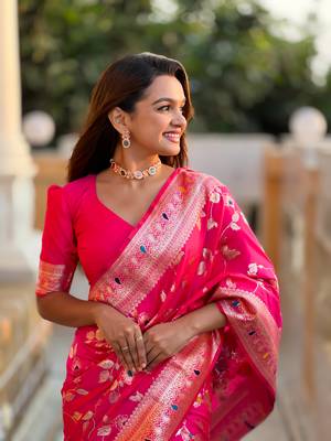 Rani Pink Banarasi Art Silk Saree With Zari Weaving Design 1