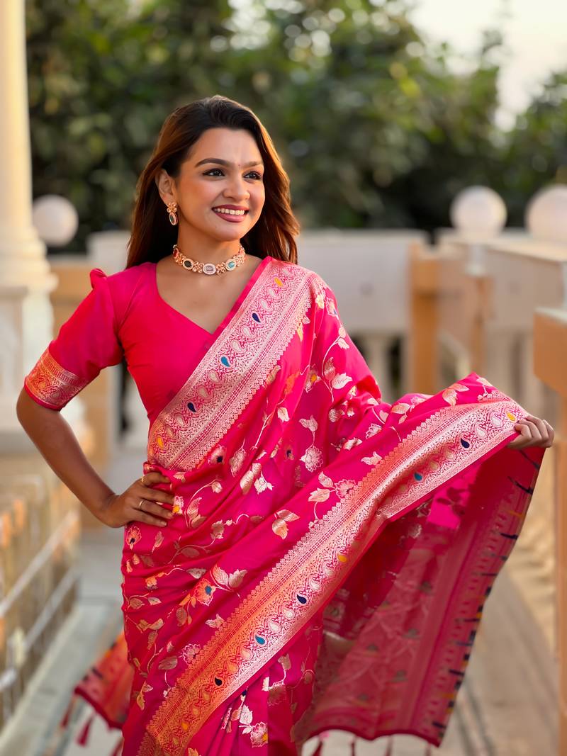 Rani Pink Banarasi Art Silk Saree With Zari Weaving Design