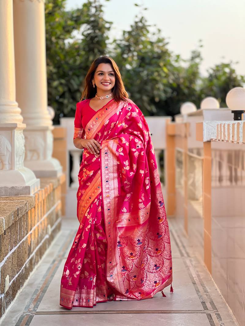 Rani Pink Banarasi Art Silk Saree With Zari Weaving Design