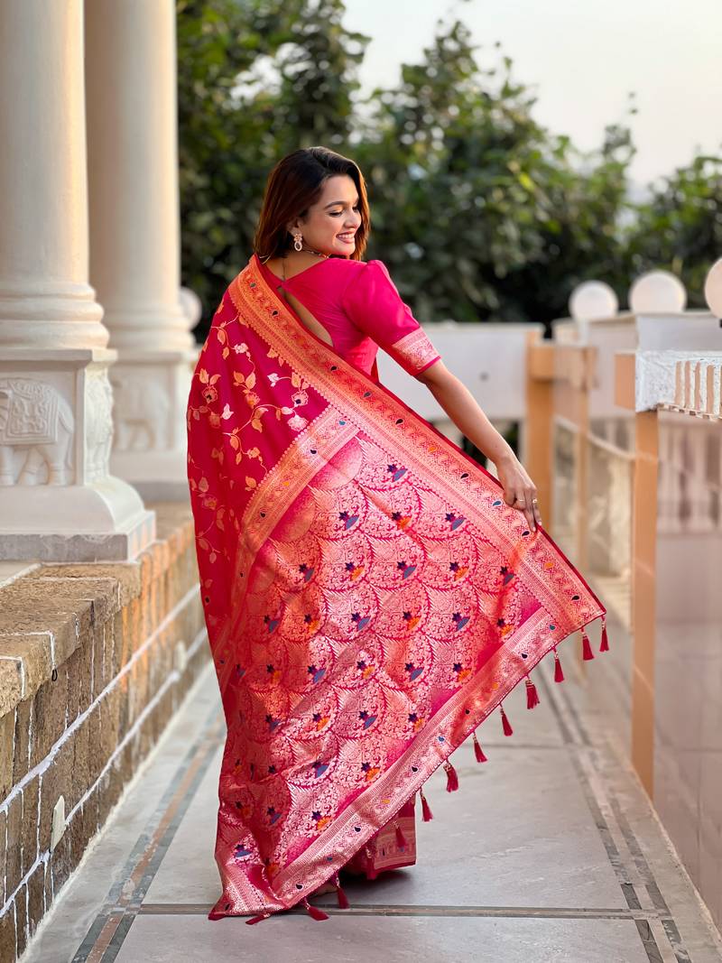 Rani Pink Banarasi Art Silk Saree With Zari Weaving Design