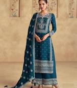 Teal blue georgette fabric designer embroidery work palazzo suit