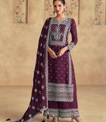 Wine georgette fabric designer embroidery work palazzo suit