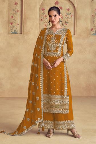 Mustard georgette fabric designer embroidery work palazzo suit