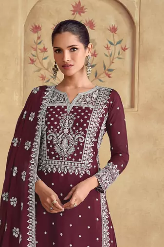Brown georgette fabric embroidery work palazzo suit