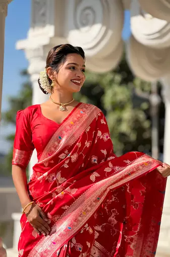 Red Banarasi Art Silk Saree With Zari Weaving Design