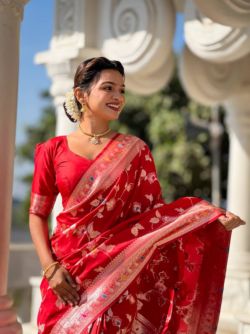 Red Banarasi Art Silk Saree With Zari Weaving Design