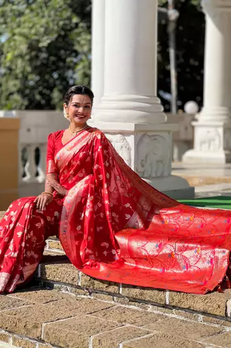 Red Banarasi Art Silk Saree With Zari Weaving Design