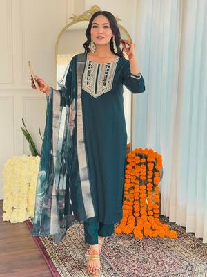 Teal blue bsy viscosee fabric looks graceful readymade suit for girls 1