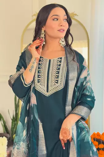 Teal blue bsy viscosee fabric looks graceful readymade suit for girls