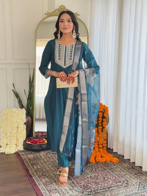 Teal blue bsy viscosee fabric looks graceful readymade suit for girls 4