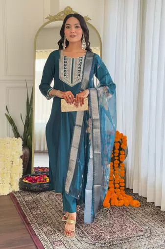 Teal blue bsy viscosee fabric looks graceful readymade suit for girls