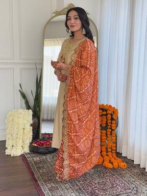 Beige bsy viscosee fabric looks graceful readymade suit for girls 3