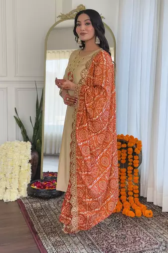 Beige bsy viscosee fabric looks graceful readymade suit for girls