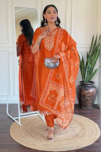 Orange bsy viscose fabric designer looks graceful readymade suit for girls