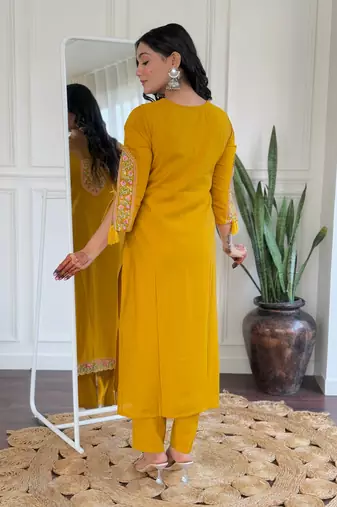 Mustard bsy viscosee fabric looks graceful readymade suit for girls