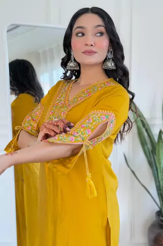 Mustard bsy viscosee fabric looks graceful readymade suit for girls