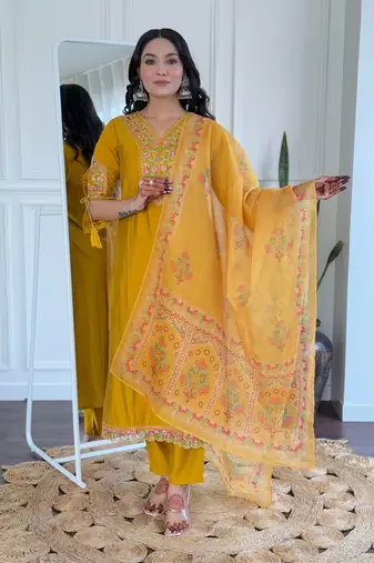 Mustard bsy viscosee fabric looks graceful readymade suit for girls