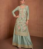Green chinon fabric heavy embroidery work ceremonial wear palazzo suit