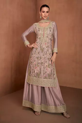 Mauve chinon fabric heavy designer embroidery work ceremonial wear palazzo suit