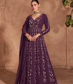 Purple chinon fabric designer heavy embroidery work bridesmaid anarkali suit