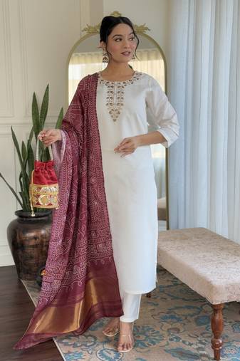 Off white designer embroidery with printed looks ethnic girlie roman silk stitched suit