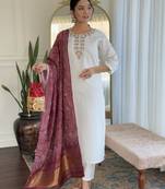 Off white designer embroidery with printed looks ethnic girlie roman silk stitched suit