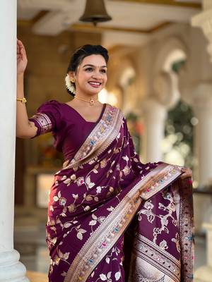 Wine Banarasi Art Silk Saree With Zari Weaving Design 2
