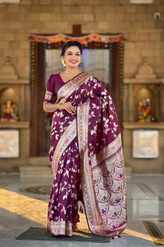 Wine Banarasi Art Silk Saree With Zari Weaving Design