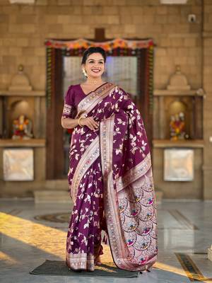 Wine Banarasi Art Silk Saree With Zari Weaving Design 1