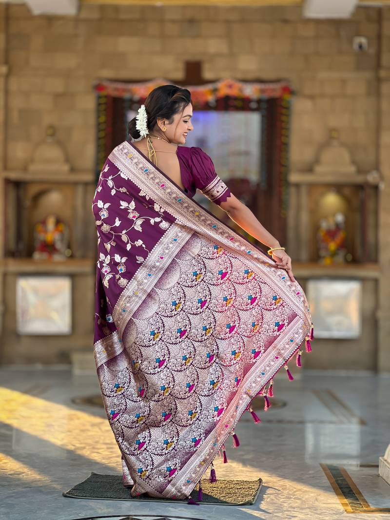 Wine Banarasi Art Silk Saree With Zari Weaving Design