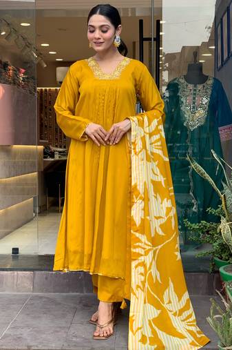 Mustard designer embroidery with printed looks ethnic girlie chinon silk stitched suit