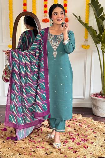 Teal designer embroidery with printed looks ethnic girlie viscose chanderi stitched suit