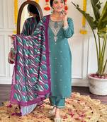 Teal designer embroidery with printed looks ethnic girlie viscose chanderi stitched suit