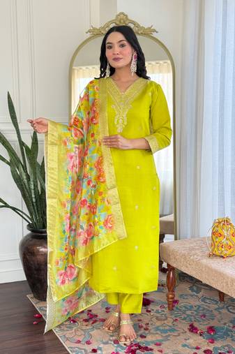 Lemon designer embroidery with printed looks ethnic girlie viscose chanderi stitched suit