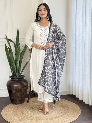 White embroidery with printed looks ethnic girlie viscosee rayon stitched suit 1