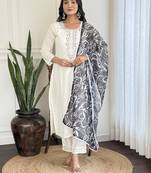 White designer embroidery with printed looks ethnic girlie viscose rayon stitched suit