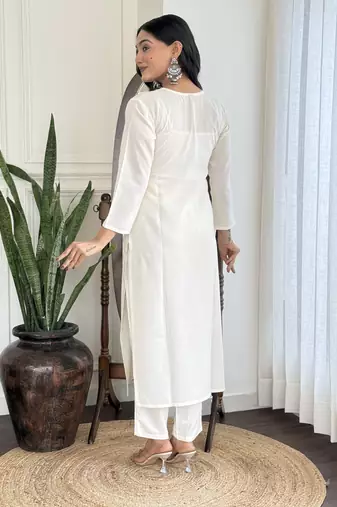 White embroidery with printed looks ethnic girlie viscosee rayon stitched suit
