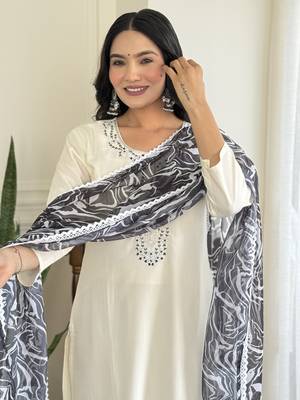 White embroidery with printed looks ethnic girlie viscosee rayon stitched suit 3
