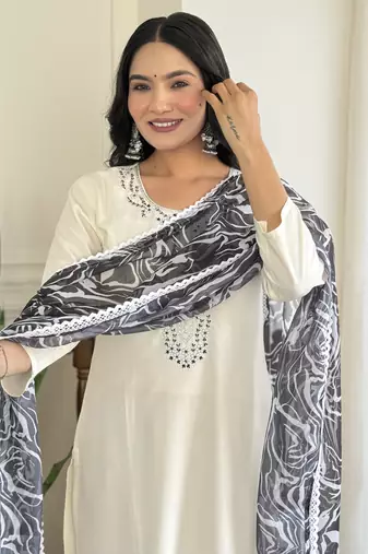White embroidery with printed looks ethnic girlie viscosee rayon stitched suit