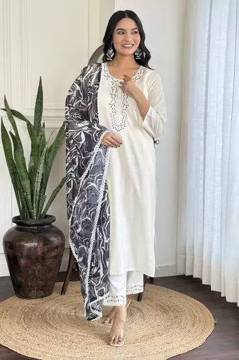 White embroidery with printed looks ethnic girlie viscosee rayon stitched suit