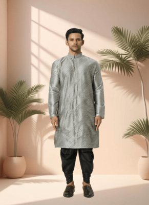 Grey art silk kurta patiala for men"s 1