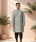 Grey art silk kurta patiala for men"s