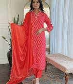 Red designer embroidery with printed looks ethnic girlie muslin stitched suit