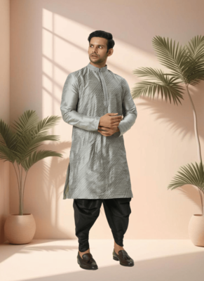 Grey art silk kurta patiala for men"s 2