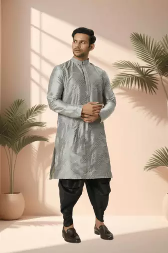 Grey art silk kurta patiala for men"s