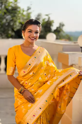 Yellow Banarasi Art Silk Saree With Zari Weaving Design